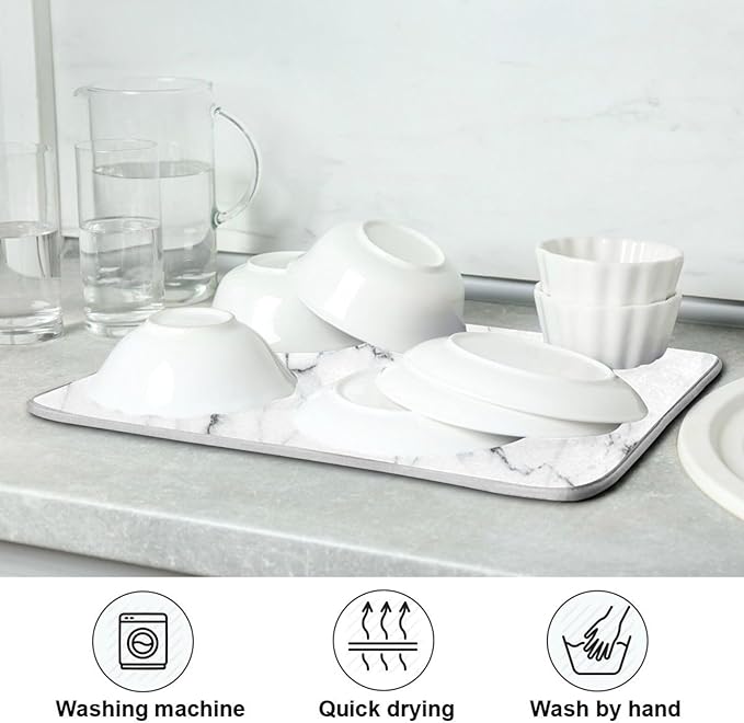 White Grey Marble Dish Drying Mat for Kitchen Counter Absorbent Microfiber Drying Pad, Medium 16x18 in, Reversible Drainer Mats