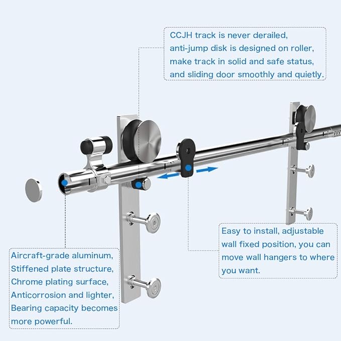 CCJH 7FT Stainless Sliding Barn Door Hardware Kit Heavy Duty for Single Wooden Door (Flat Shape Hanger)