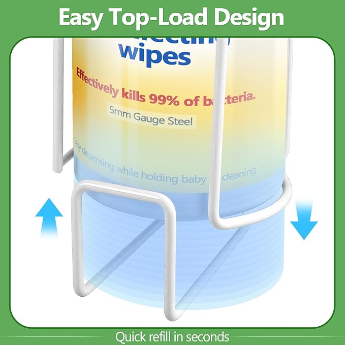 Wall-Mount Wipes Holder, Wipes Dispenser for Surface Cleaning Wipes, 5mm Steel Wire, Easy-Load Design with Strong Adhesive Backing (White, Small)