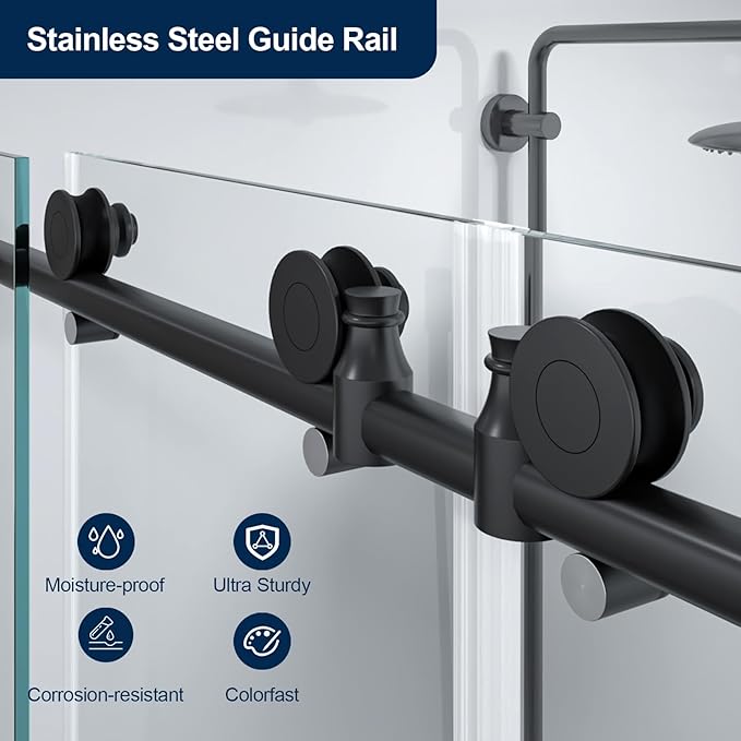 Double Sliding Shower Door 60" W x 74" H, Frameless Shower Enclosure 5/16" (8mm) Clear Tempered Glass, Stainless Steel Circular Guide Rail, Matte Black Finished