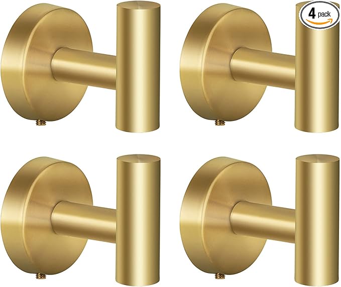 Towel Hooks Bathroom Coat Hooks Robe Hook Stainless Steel Heavy Duty Door Hanger Towel Robe Clothes Cabinet Closet Sponges Wall Hook for Bedroom Kitchen Hotel 4 Packs (Gold)