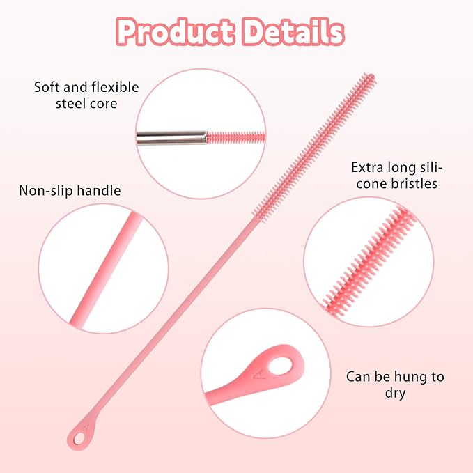 2pcs Silicone Straw Cleaner Brush, 9.5in Extra Long Reusable Straw Brush for Stanley, Metal, Glass Straws, Bendable Travel Drinking Bottle Lid Cleaning Tool for Crevice Pipe Tube (Pink)