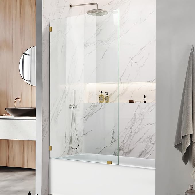34" W x 58" H Frameless Single Fixed Bath Panel, Fixed Bathtub Screen with Clamps, 1/4" Clear Glass, Bathroom Shower Door Screen Fixed Tub Shower Glass Door Panel in Brushed Gold