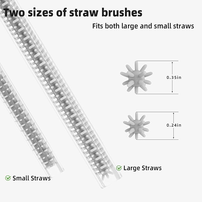Silicone Straw Cleaner Brush, 4-Piece Reusable Straw Brush Set with Extra-Long Design for Cleaning Thin Metal Straws and Wider Milkshake Straws （6mm+9mm Gray)