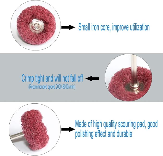 50PCS Abrasive Buffing Polishing Wheel Set for Rotary Tools,Removal of Rust Deburring on Metal Surface with 3mm Shank,Mini scouring pad Brush Polishing kit(grit 320 red 50pcs)