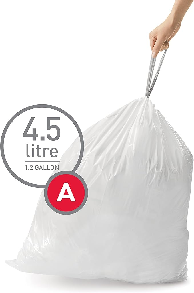 simplehuman Code A 90 Count, Dispenser Pack Custom Fit Liners, Drawstring Trash Bags, 4.5 Liter / 1.2 Gallon, White