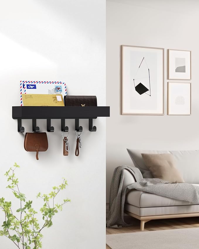 Key Holder Wall Mount Adhesive Magnetic - Hanging Key Hooks with Mail Organizer for Wallet House Accessories - Keys Hanger Rack with Shelf for RV Camper Entryway Door Home Living Room Decor Black
