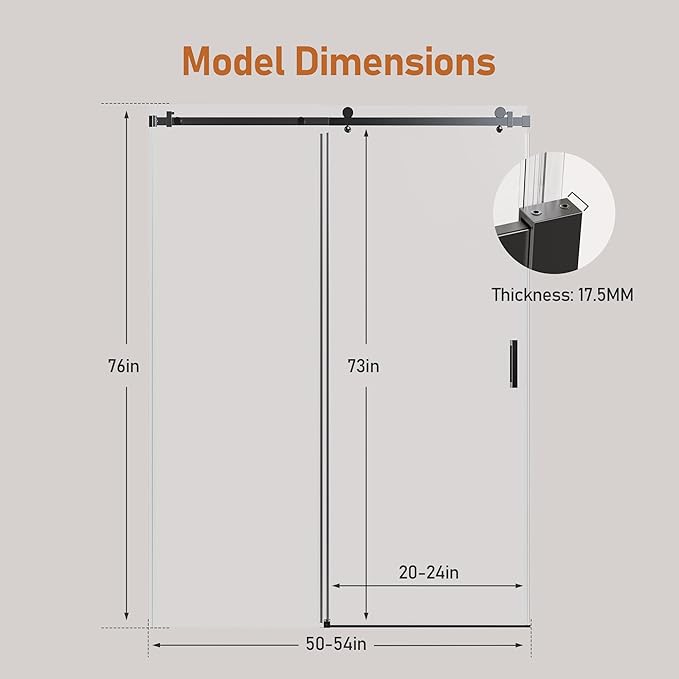 50-54 Inch Frameless Sliding Shower Door, 76" Height, 5/16" (8mm) Clear Tempered Glass, Smooth Gliding Track & Anti-Jumping System, Stainless Steel Matte Black Finish