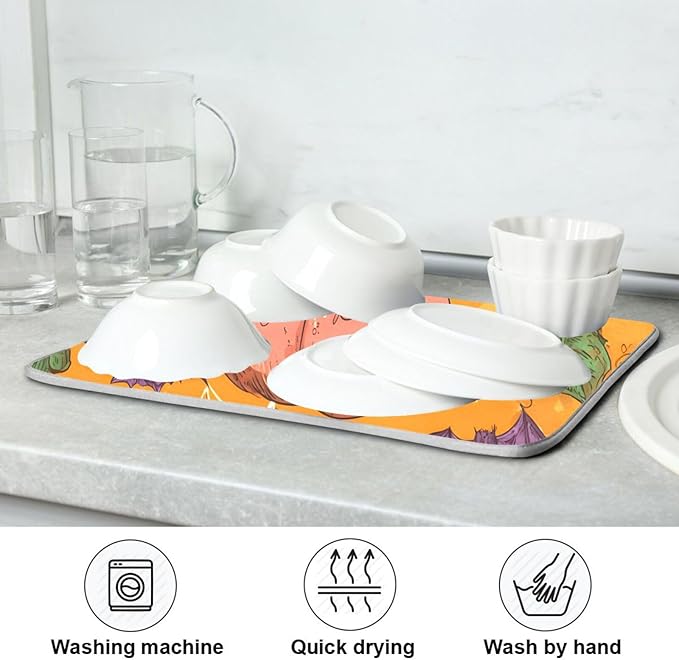 Halloween Colorful Pumpkin Pattern Dish Drying Mat for Kitchen Counter Super Absorbent Drying Mat 18x24 inch Large Dish Drying Matts for Countertop Protector Dishes Pad