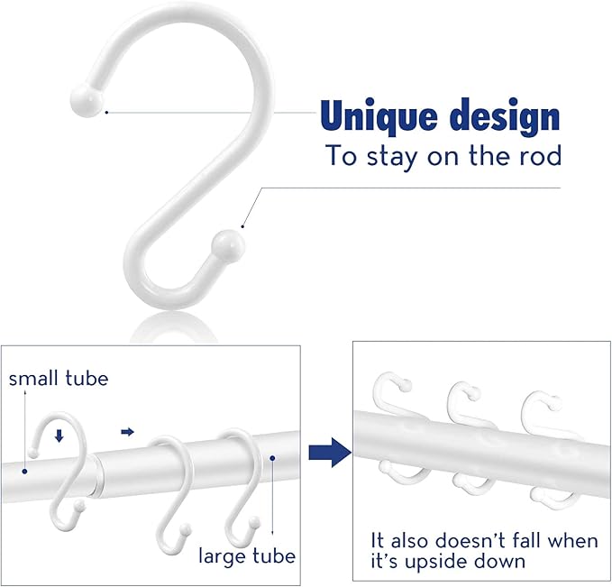 Metal Shower Curtain Hooks，Set of 12 Rings，Rust Resistant S Shaped Hooks Hangers for Shower Curtains, Kitchen Utensils, Clothing, Towels, etc. (White)