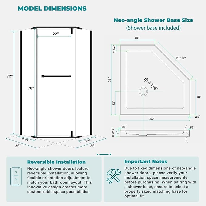 36" D x 36" W x 72" H Neo-Angle Frameless Shower Door, 1/4” (6MM) SGCC Tempered Glass with Explosion-Proof Film and Nano Coating, Black Stainless Steel Frame