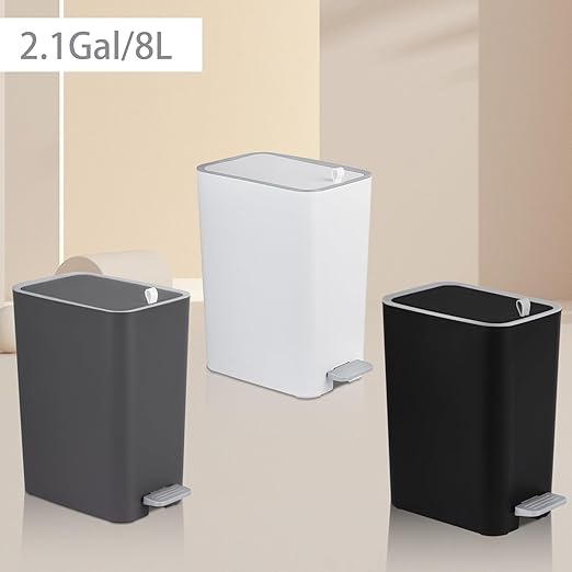 rejomiik Small Bathroom Trash Can with Lid, 2.1 Gallon Step Garbage Can with Handle, Slim Mini Wastebasket Bin for Bedroom, Office, Dorm, Black