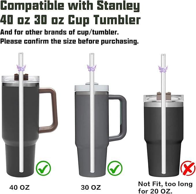 Glass Replacement Straw Compatible with Stanley 40 oz 30 oz Cup Tumbler, 6-Pack Reusable Cute Straws with Cleaning Brush, Clear