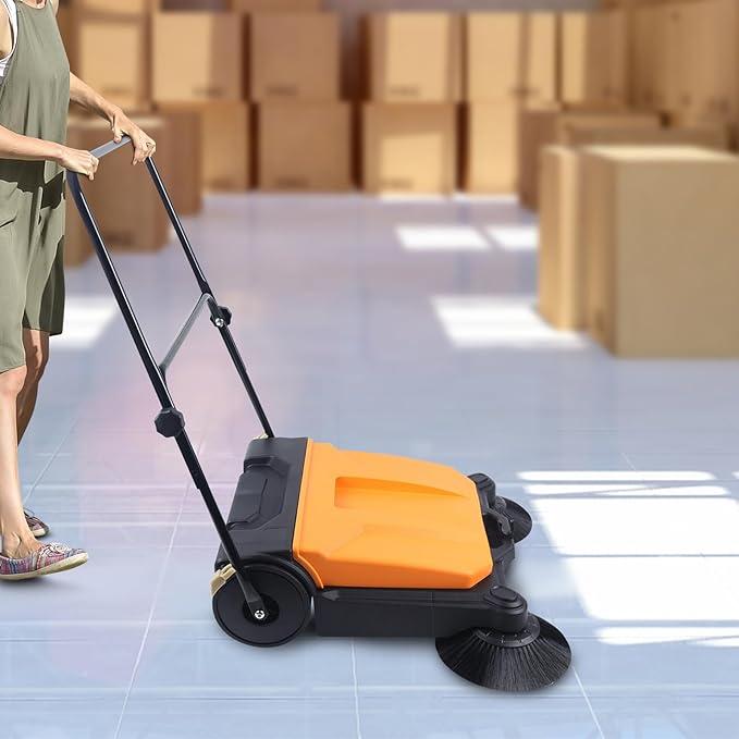 Walk Behind Outdoor Push Sweeper, 26 Inch 15L Walk-Behind Outdoor and Indoor Push Carpet Sweeper with Dual Side Broom Fold-Flat Manual Industrial Push Cleaner for Street Garden Warehouse