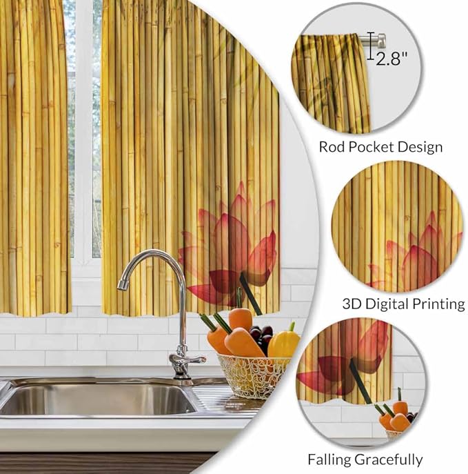 Bamboo Kitchen Curtains Pink Lotus Twigs Tree Branch Chinese Leaves Plants Short Tier Curtains for Bathroom Cafe Small Window Drapes Treatment 2 Panels (27.5x39 Inch)
