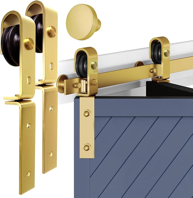 Rio Salto Gold Bifold Sliding Barn Door Hardware Kit Heavy Duty Metal Track System with Matching Knobs Gold Bi-Fold Barn Door Bifold Closet Doors, Bi-Folding 40" Track for 2 Doors, 2 Rollers No Door