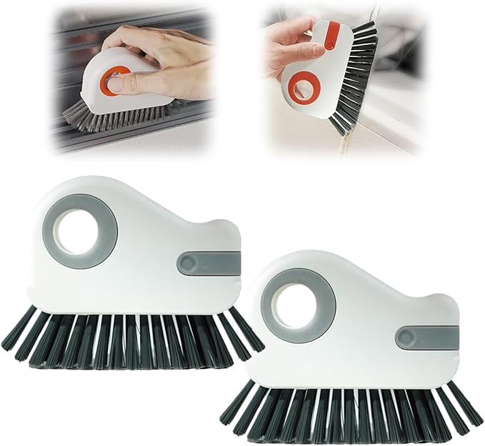 2 in 1 Groove Cleaning Brush, Upgrade Window Track Cleaning Tools, Multifunction Hard Bristle Crevice Cleaning Brush with Hidden Scraper for Sliding Door Track, Window Sill, Window Seal (Gray*2)