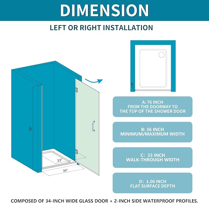 Framelss Hinged Shower Door, 36" W x 76" H Single Swing Pivot Shower Door, 3/8" (10mm) Tempered Glass with Nano Coating, Stainless Steel Handle, Glass Door for Walk-in Shower - Brushed Gold