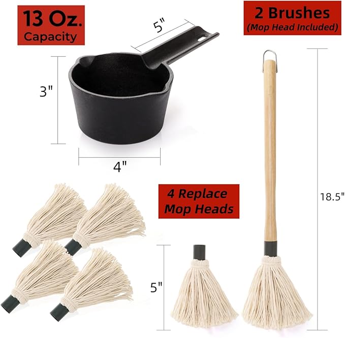 Cast Iron Sauce Pot and BBQ Mop Brush Set for Grilling, 7 Pcs Barbecue Accessories Include Basting Melting Saucepan, Wooden Sauce Mop with 4 Replacements for Meat Smoker, Grill, Stove