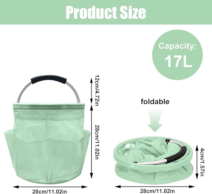 17L Cleaning Caddy with Handle, Foldable Cleaning Supply Caddy with 6 Pockets Cleaning Caddy Bag for Outdoor Camping Garden Harvest Basket Bathroom Storage (Clear Green)