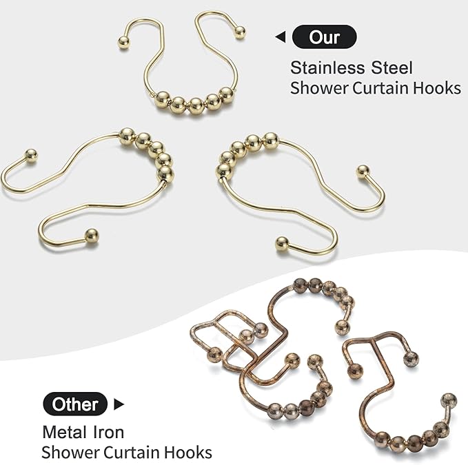 Goowin Shower Curtain Hooks, 12 Pcs Shower Curtain Rings, Stainless Steel Gold Shower Curtain Hooks, Rust Proof Shower Curtain Hangers, Smooth Sliding Anti-Drop Shower Rings for Curtain (Gold)