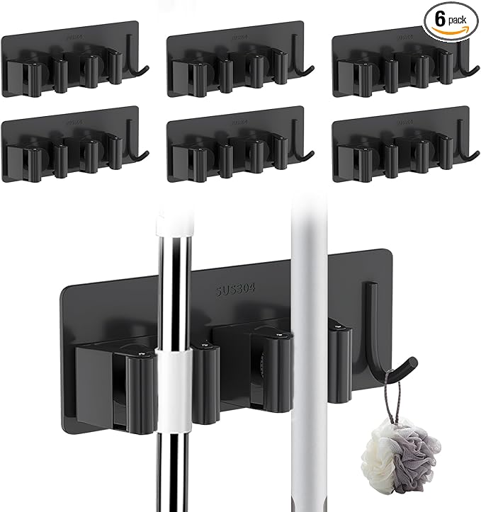 Broom Holder Wall Mount No Drill,Broom and Mop Organizer Wall Hanging Heavy Duty with Hooks Hanger, Self Adhesive Stainless Steel Broom Organizer for Bathroom, Kitchen, Laundry Room Storage (6Pcs)