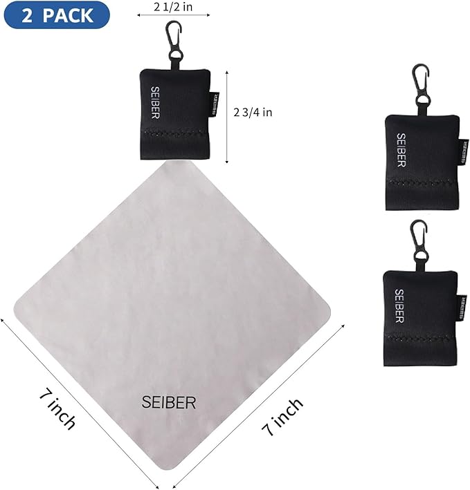 SEIBER Eyeglass Cleaning Microfiber Cloth - with Neoprene Pouch | 7 x 7 inch Glasses Cleaning Cloth for Sunglasses,Laptops, Cameras,Screen| Self-Closing Bottom(2PCS,BK)