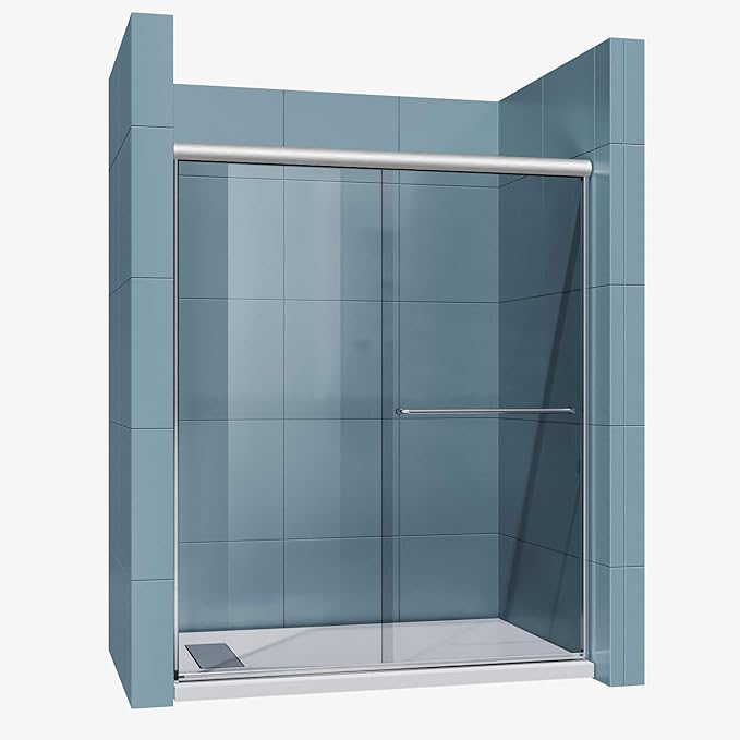 SUNNY SHOWER Semi-Frameless Shower Doors 1/4" (6mm) Glass Sliding Shower Enclosure 54" W x 72" H Shower Glass Door Brushed Nickel Finish