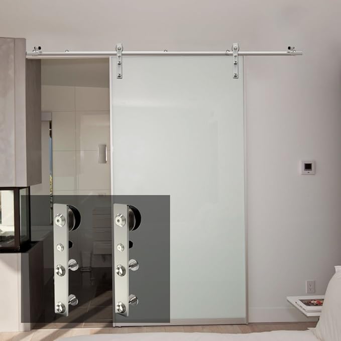CCJH 6.6FT Stainless Sliding Barn Door Hardware Kit Heavy Duty for Single Wooden Door (Flat Shape Hanger)