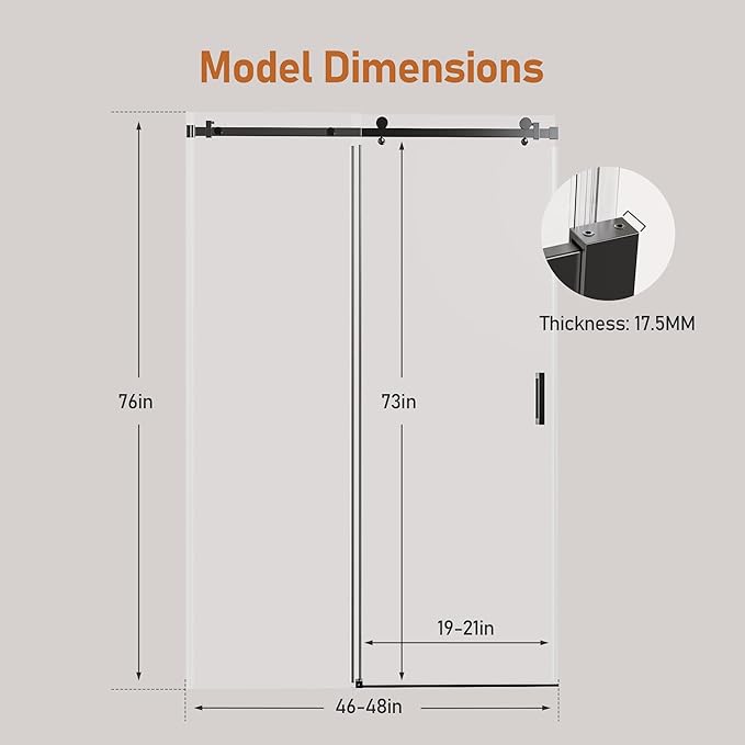 46-48 Inch Frameless Sliding Shower Door, 76" Height, 5/16" (8mm) Clear Tempered Glass, Smooth Gliding Track & Anti-Jumping System, Stainless Steel Matte Black Finish