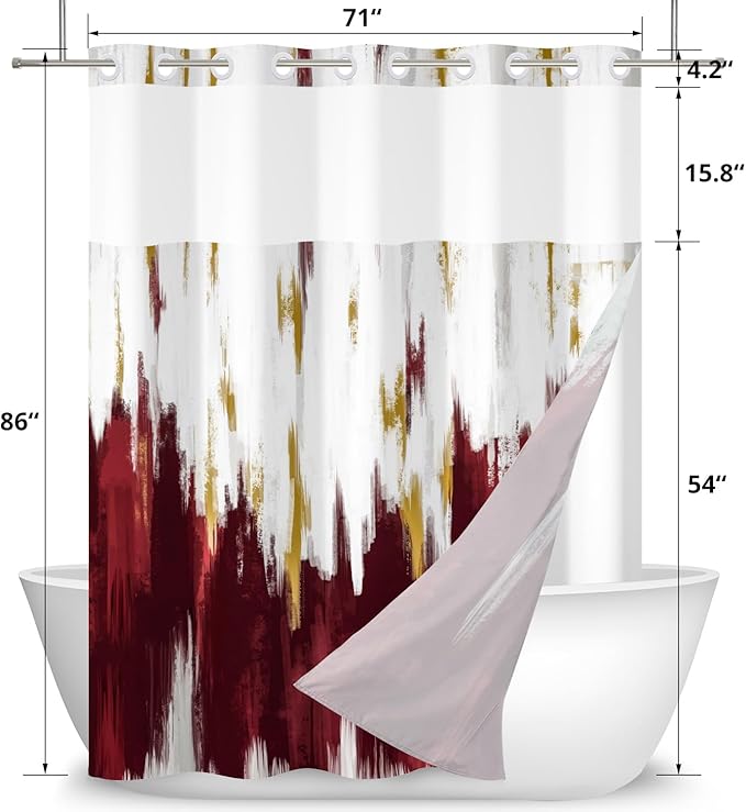 No Hook Shower Curtain with Snap in Liner, Hotel Style Burgundy Red White Gold Brush Strokes Art Modern Shower Curtain Waterpoof Washable with See Through Top Window,71"x86"