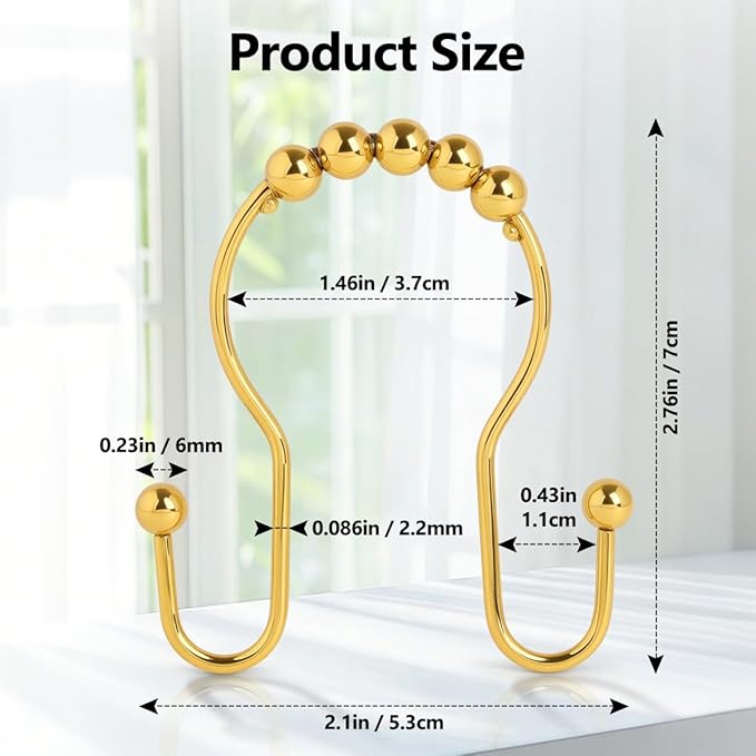 Double Shower Curtain Hooks, Sturdy Metal Nickel Shower Curtain Rings, Glide Roller Shower Hooks,Rust Proof Anti-Drop Curtain Hooks, 12 Pcs Smooth Sliding Rings for Bathroom Shower Rods Curtains