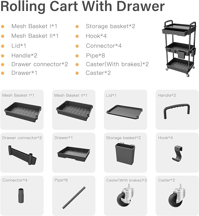 3 Tier Rolling Utility Cart with Drawer,REBECAT Utility Cart Made of Multifunctional Storage Organizer Tool for Kitchen,Bathroom,Living Room,Office(Black)