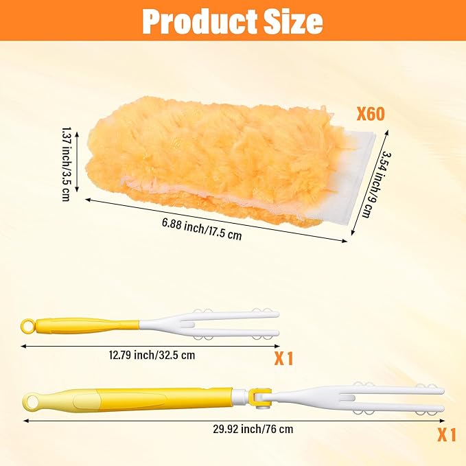 360° Duster Refills Compatible with Swifer Dusters, 60 Count + 2 Size Handle, Disposable Duster Refills for Cleaning Home, Office, Corners, Blinds, Furniture, Cars and More