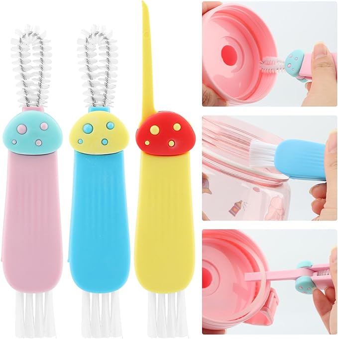 3 in 1 Multifunctional Lid Gap Cleaning Brush Set - Cup, Bottle, Sport Water Bottle (Pink, Yellow, Blue)