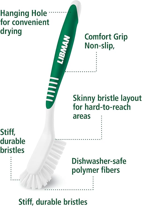 LIBMAN Kitchen Scrub Brush with Long Handle - 3 Pk Kitchen Brush for Dishes - Dish Scrubber Cleaning Brushes for Sinks, Bottles, Pots, Pans, Vegetables - All Purpose