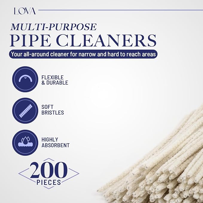 LOVA Soft Bristle Tobacco Pipe Cleaners, 200 Count 6-Inch 100% Cotton Stem Cleaning Brushes with Flexible Wire for Pipe Stems, Mouthpieces, Reusable Straws & Narrow Tubes