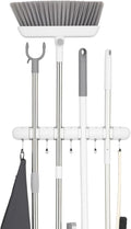 OTraki Broom Holder Wall Mount, Heavy Duty Wood Mop and Broom Organizer with 5 Slots and 4 Hooks, Garden Tool Hanger for Laundry Room Closet Kitchen Garage Storage and Organization