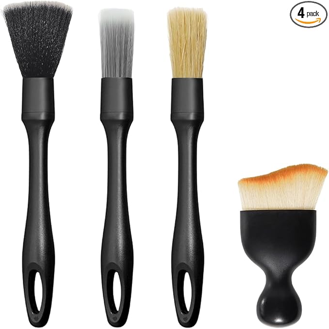 4 PCS Car Detailing Brush Set, Boars Bristle No Scratch Dusting Tool Cleaning Auto Interior or Exterior, Premium Brushes Cleaning Supplies for Dashboard Air Vent Seat Wheel