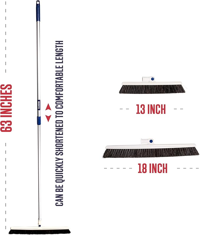 Candor Rotatable Push Broom | 63 Inch Long Lightweight Flexible Cleaning Brush Swiftly Glides Under Beds, Tables, Sofas, Ovens | Also Includes A Handy Brush to Clean The Broom | 18 Inch Head