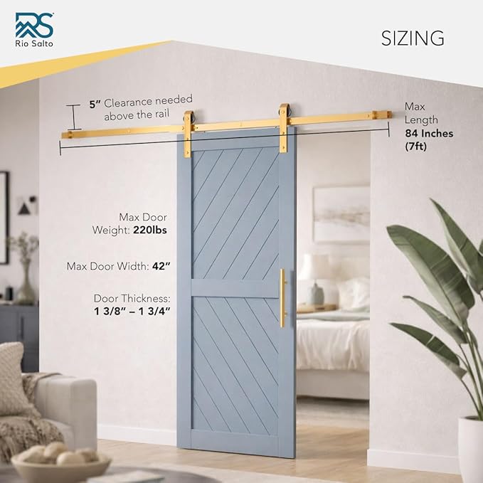 Rio Salto Gold Barn Door Hardware Kit Adjustable Length Sliding Door Hardware Modern Barn Interior Brushed Brass Panel Hardware (Hardware Kit Plus, 7 Feet - Single Door)