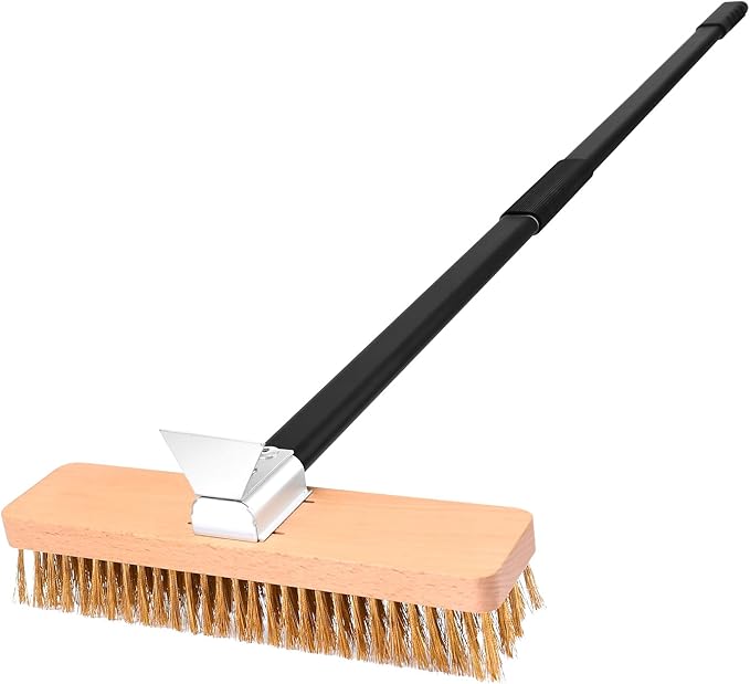 Large Pizza Oven Brush with Scraper, 10.7" Length Brass Bristles Grill Brush with 37 or 52.8 Inch Long Handle, Backyard Pizza Oven Accessories