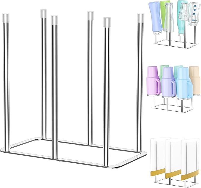 Water Bottle Drying Rack Reusable Bottle Rack Dryer Kitchen Stand Holder Metal Countertop Baby Bottle Drying Rack Water Cup Drying Rack for Plastic Bags, Bottles and Cups (Sliver, Large)