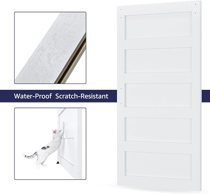 40in x 84in Sliding Barn Door with 7ft Barn Door Hardware Kit & Handle, Pre-Drilled Holes Easy Assembly -Solid Barn Door Slab Covered with Water-Proof PVC Surface, White, 5 Panel