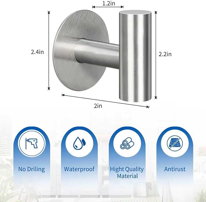 4 Pack Adhesive Hooks, Heavy Duty Adhesive Wall Hooks, Waterproof Stainless Steel for Bedroom Kitchen Hotel Office(4 Pack, Brushed Nickel)