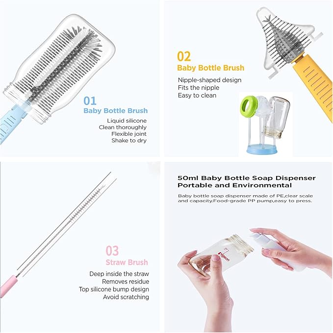 Travel Baby Bottle Drying Rack with Bottle Cleaning Brush Set, Blue