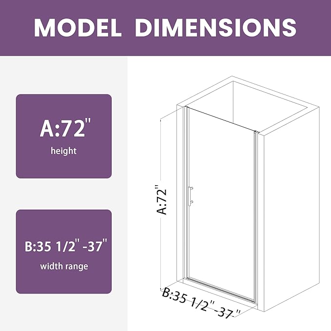 Glass Shower Door 35.5-37" W x 72" H, UCALAFEE Frameless Pivot Shower Door with 1/4" (6mm) SGCC Clear Tempered Glass, Waterproof Seal, Easy Clean & Anti-Fog Coating, Reversible Installation, Chrome