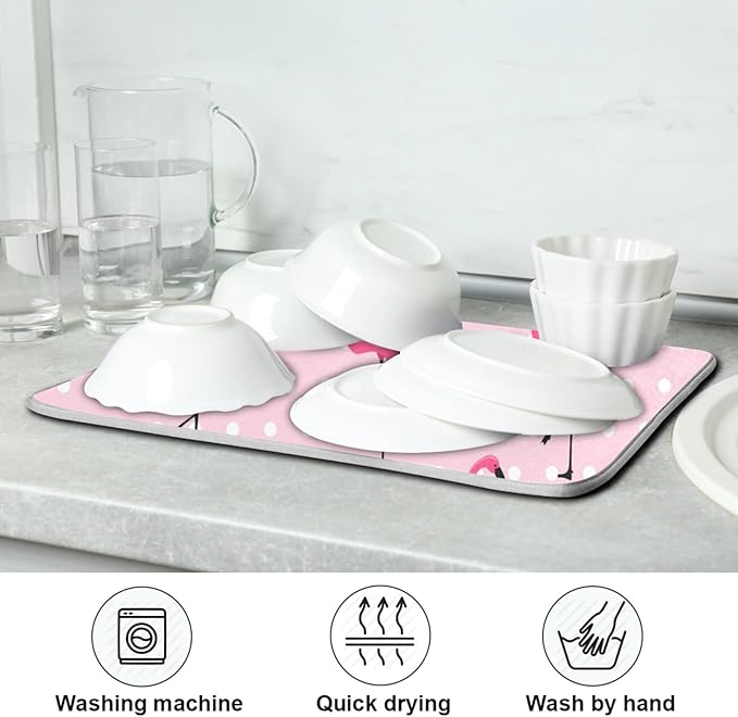 Tarity Cute Pink Flamingo Dish Drying Mat for Kitchen Counter Absorbent Heat Resistant Microfiber Dishes Drainer Mat 18x24 in Large Dish Pad Sink Mat Protective Pad Kitchen Decor