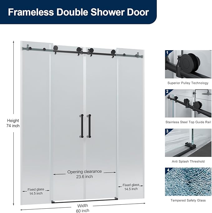 Double Sliding Shower Door 60" W x 74" H, Frameless Shower Enclosure 5/16" (8mm) Clear Tempered Glass, Stainless Steel Circular Guide Rail, Matte Black Finished