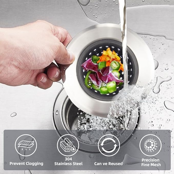 Mi hogar 2 Pack Silicone Sink Strainer for Kitchen Drain, Flexible Silicone & Stainless Steel Sink Drain Stopper, Anti-Clog Drain Catcher for Kitchen Sink, Garbage Disposal Bathroom Use (Silver Black)